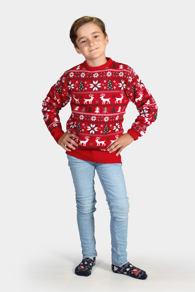 Red Family Christmas Jumper with Reindeers, Trees and Polar Star kids