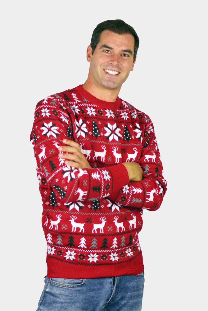 Red Family Christmas Jumper with Reindeers, Trees and Polar Star Mens