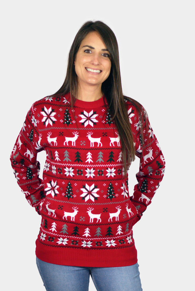 Red Family Christmas Jumper with Reindeers, Trees and Polar Star Womens