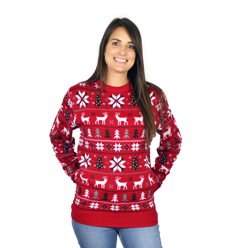 Red Family Christmas Jumper with Reindeers, Trees and Polar Star Womens
