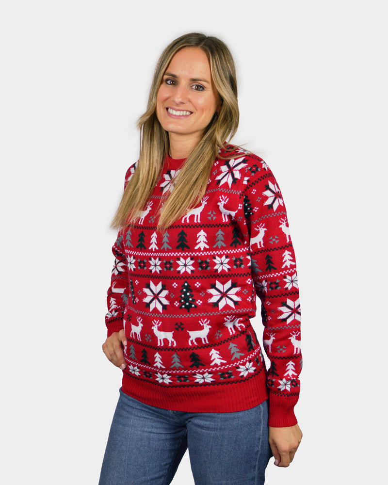 Red Family Christmas Jumper with Reindeers, Trees and Polar Star Womens