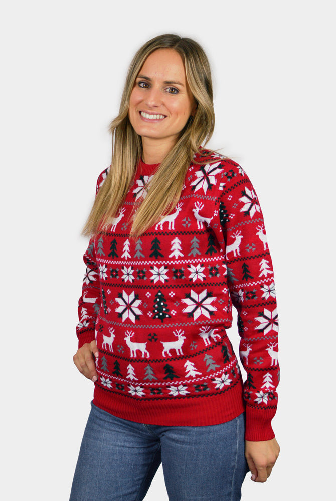 Red Family Christmas Jumper with Reindeers, Trees and Polar Star Womens