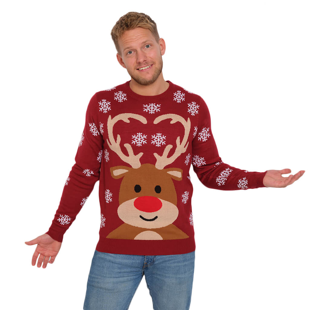 Mens Red Family's Christmas Jumper with Rudolph the Reindeer