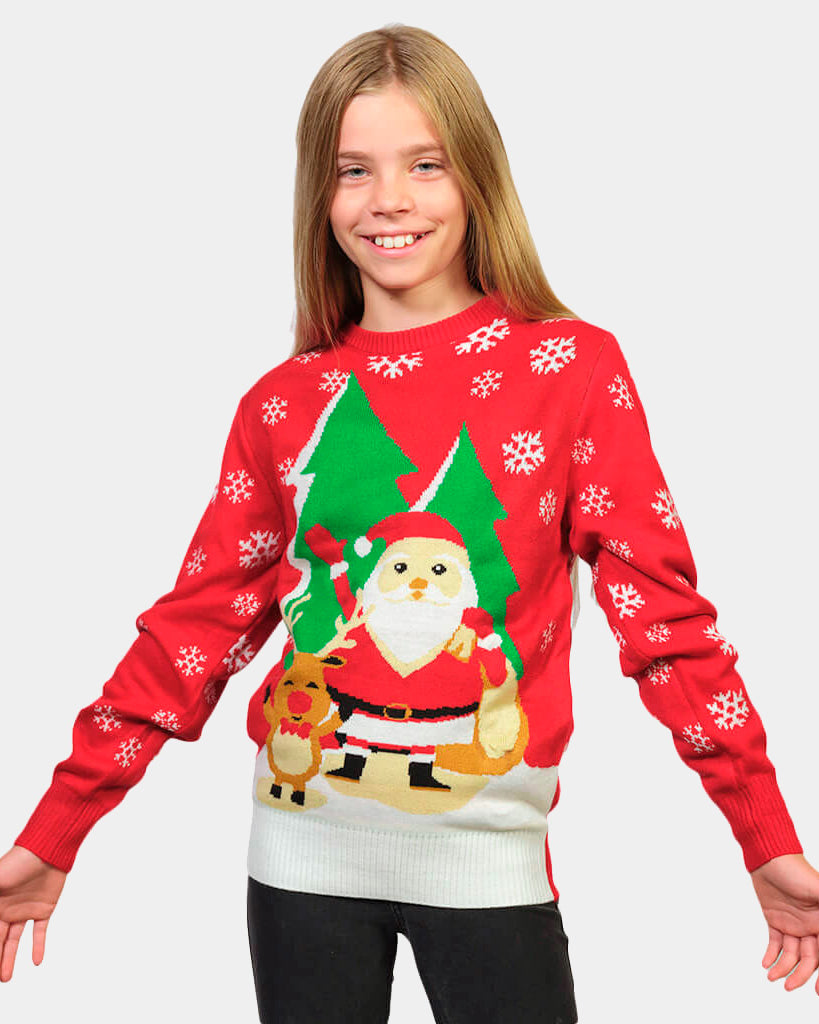 Girls Red Family Christmas Jumper with Santa and Reindeer Greeting
