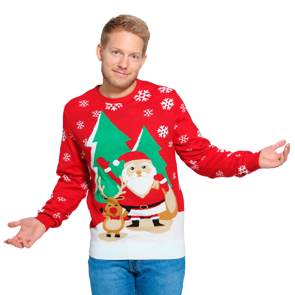 Mens Red Family Christmas Jumper with Santa and Reindeer Greeting