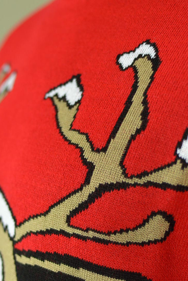 Red Family Christmas Jumper with Smiling Reindeer Detail Snow