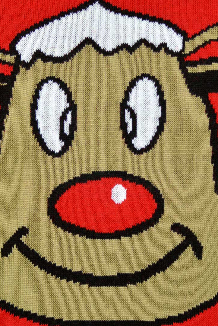 Red Family Christmas Jumper with Smiling Reindeer Detail