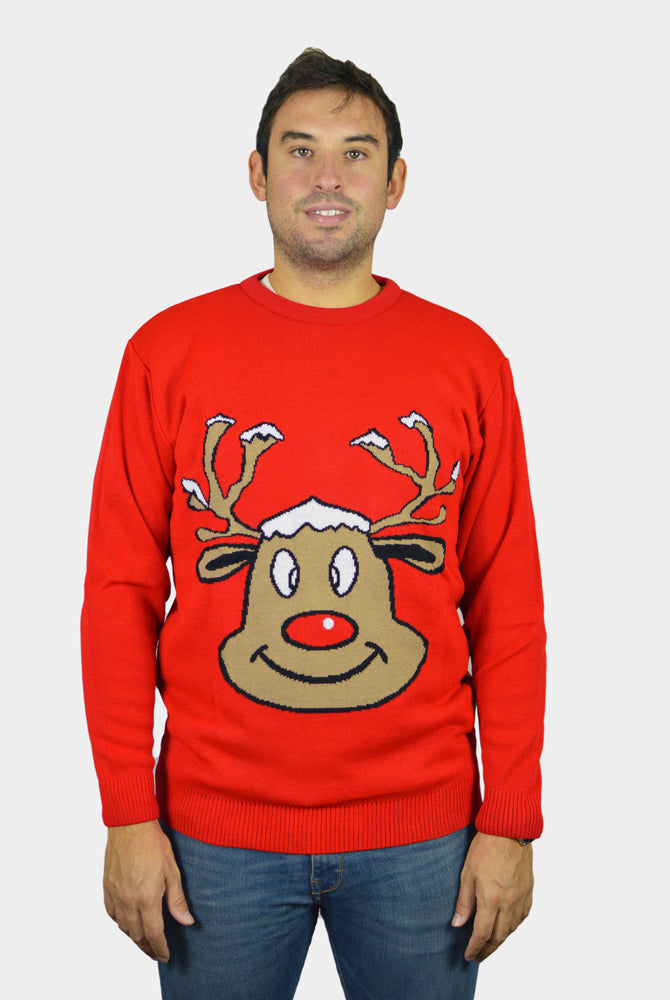 Red Family Christmas Jumper with Smiling Reindeer Mens