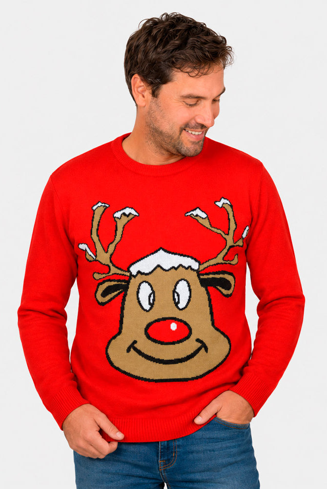Red Family Christmas Jumper with Smiling Reindeer Mens