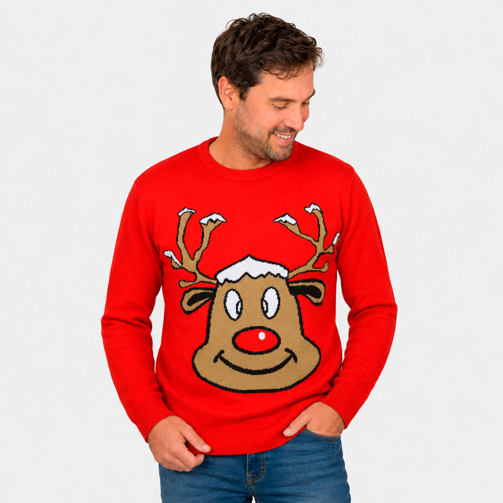 Red Family Christmas Jumper with Smiling Reindeer Mens