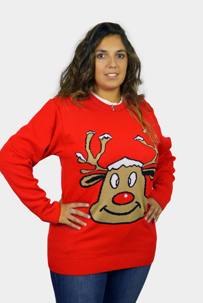 Red Family Christmas Jumper with Smiling Reindeer Womens