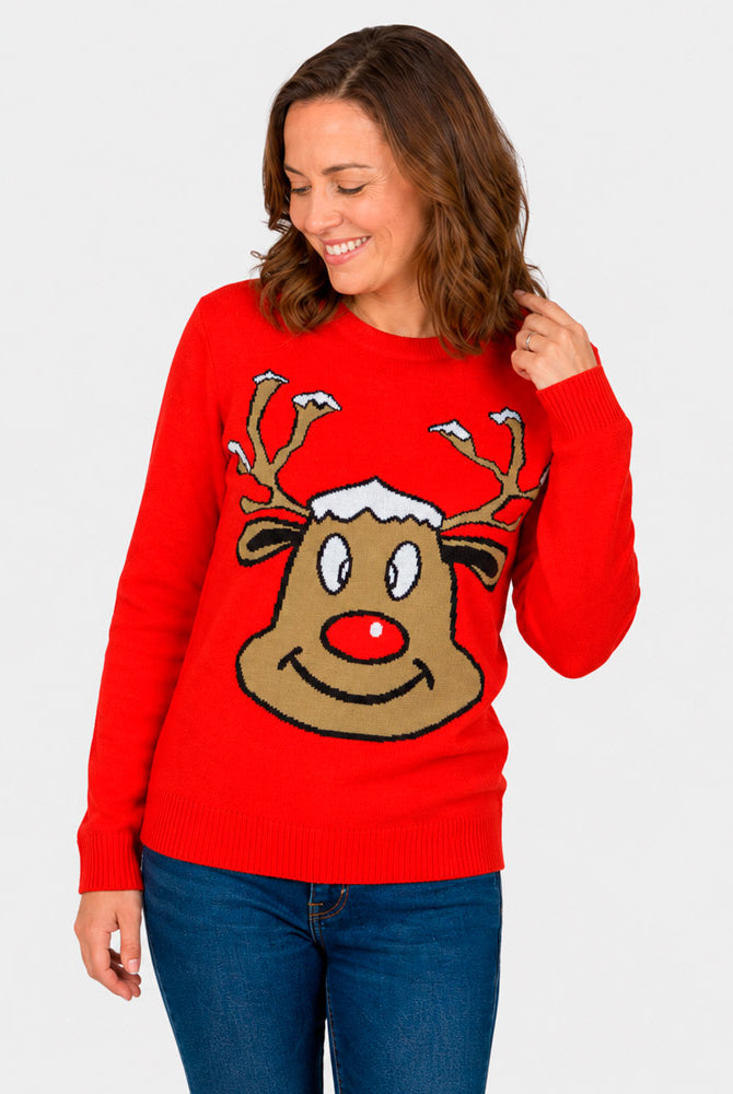 Red Family Christmas Jumper with Smiling Reindeer Womens