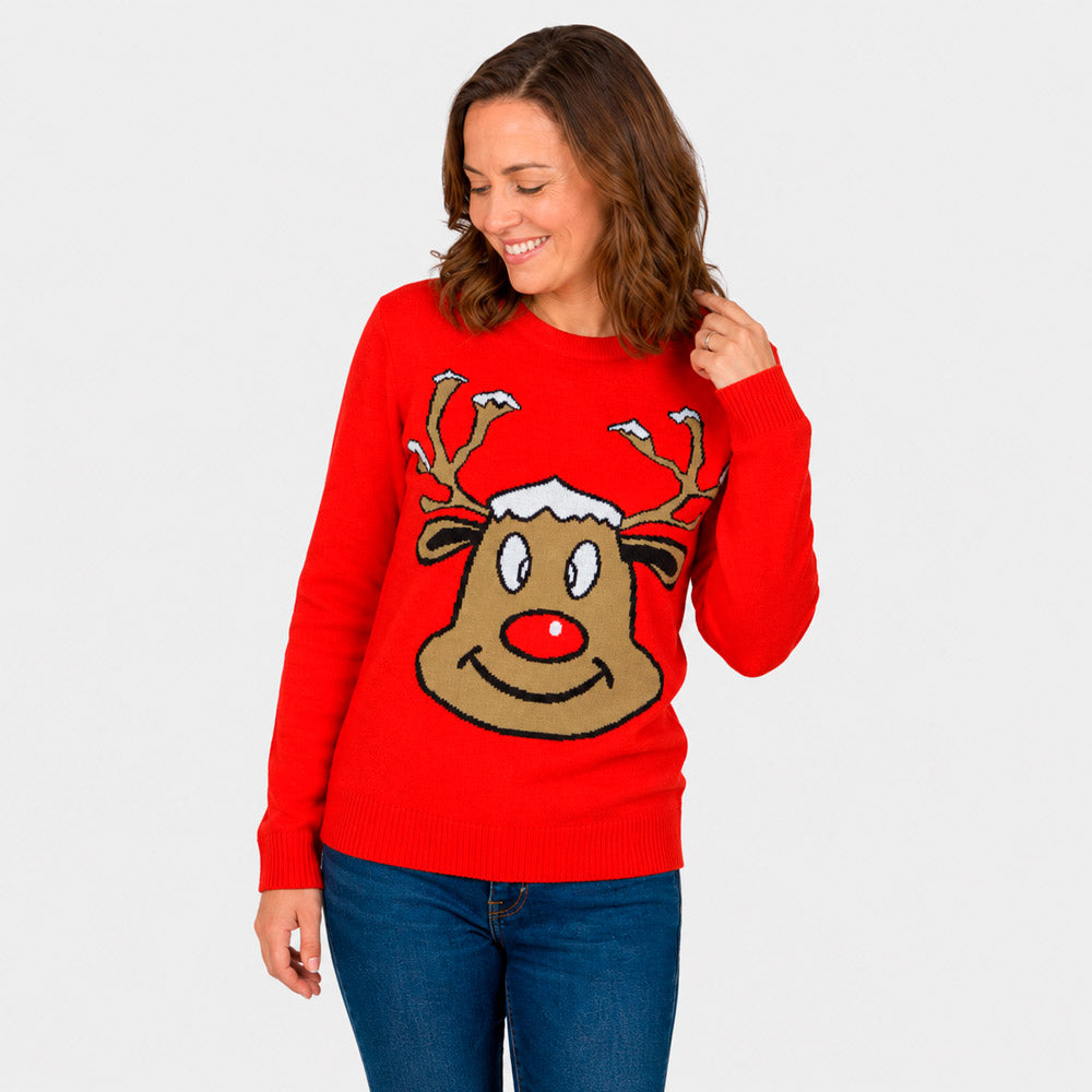 Red Family Christmas Jumper with Smiling Reindeer Womens