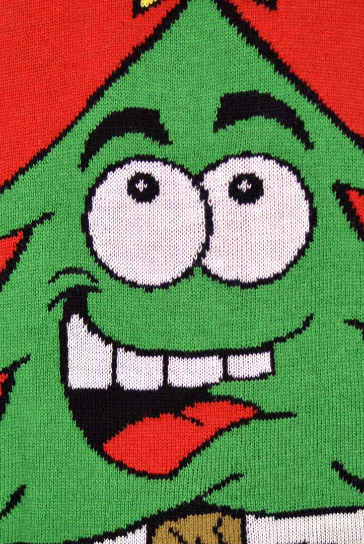Red Family Christmas Jumper with Smiling Tree Detail