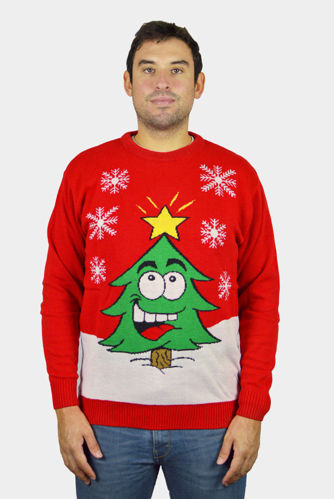 Red Family Christmas Jumper with Smiling Tree Mens