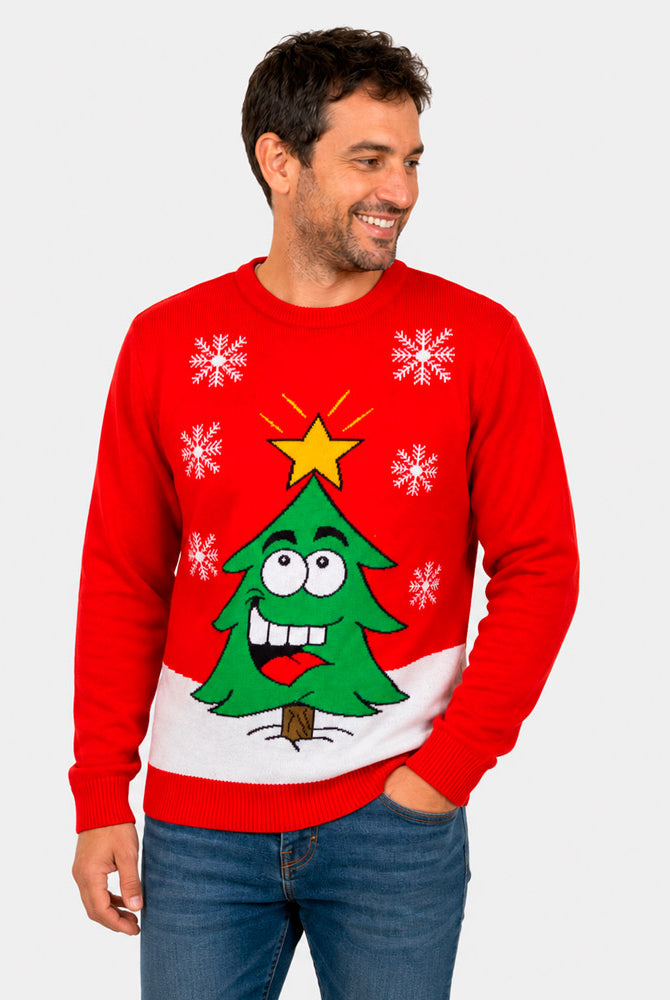 Red Family Christmas Jumper with Smiling Tree Mens