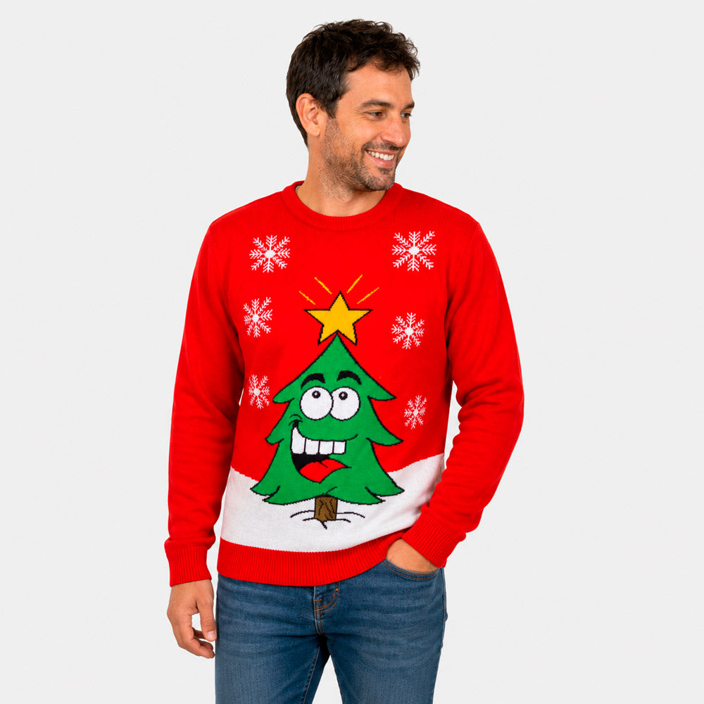 Red Family Christmas Jumper with Smiling Tree Mens