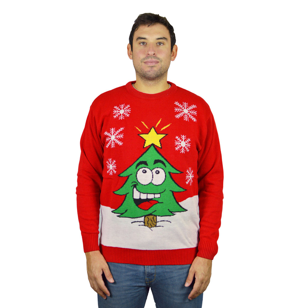 Red Family Christmas Jumper with Smiling Tree Mens
