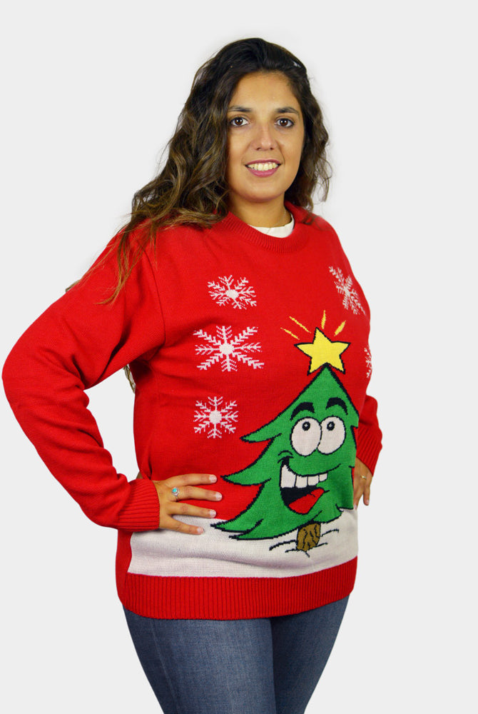 Red Family Christmas Jumper with Smiling Tree Womens