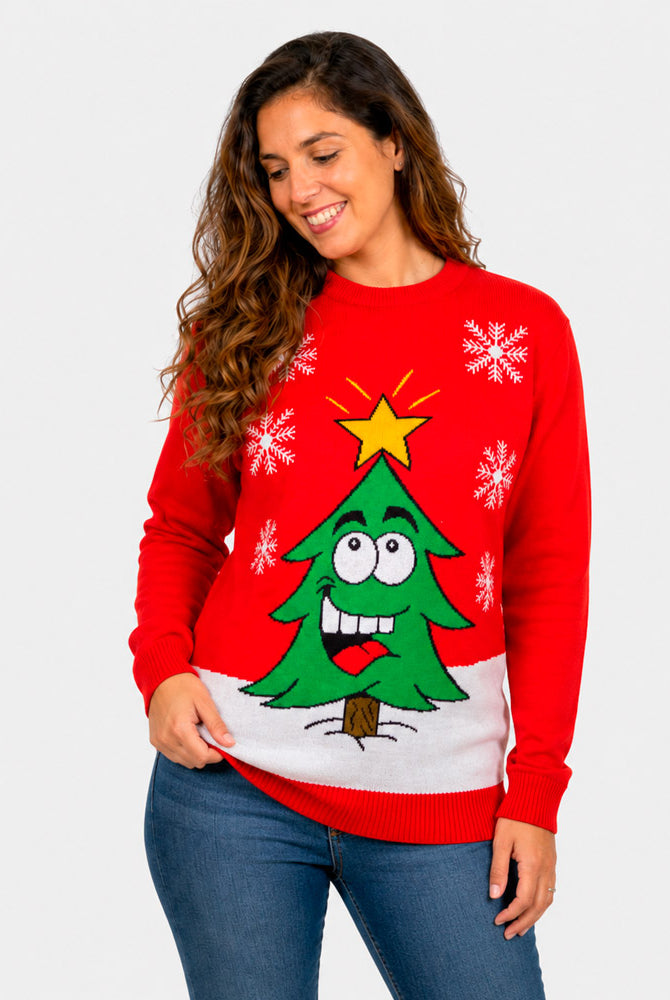 Red Family Christmas Jumper with Smiling Tree Womens