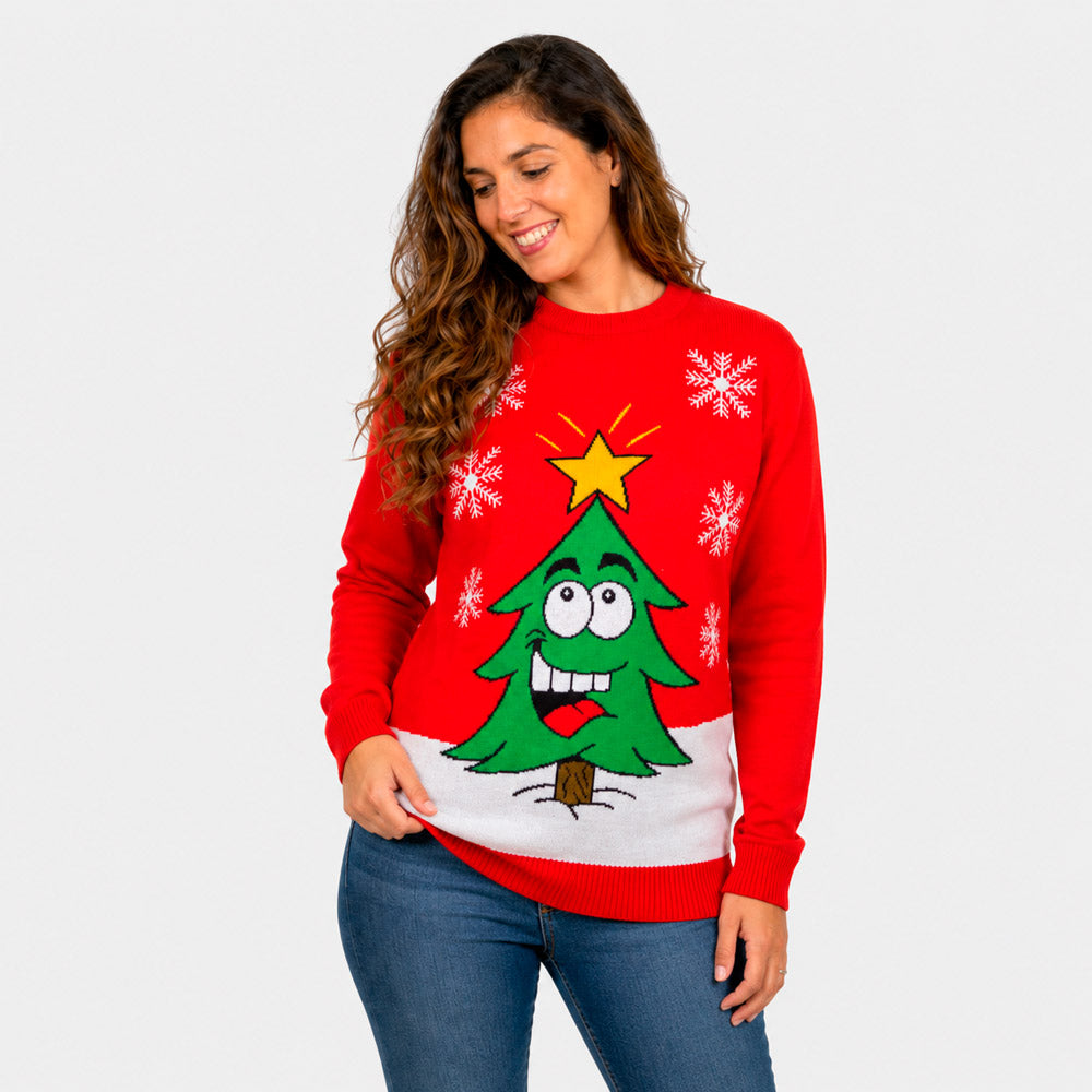 Red Family Christmas Jumper with Smiling Tree Womens