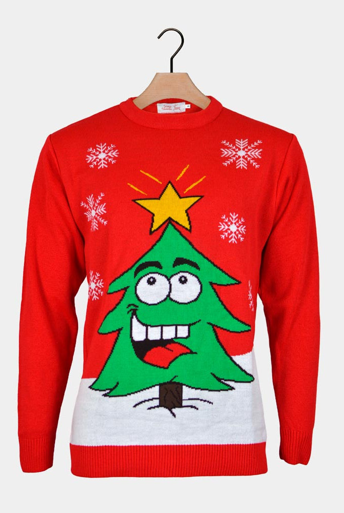 Red Family Christmas Jumper with Smiling Tree