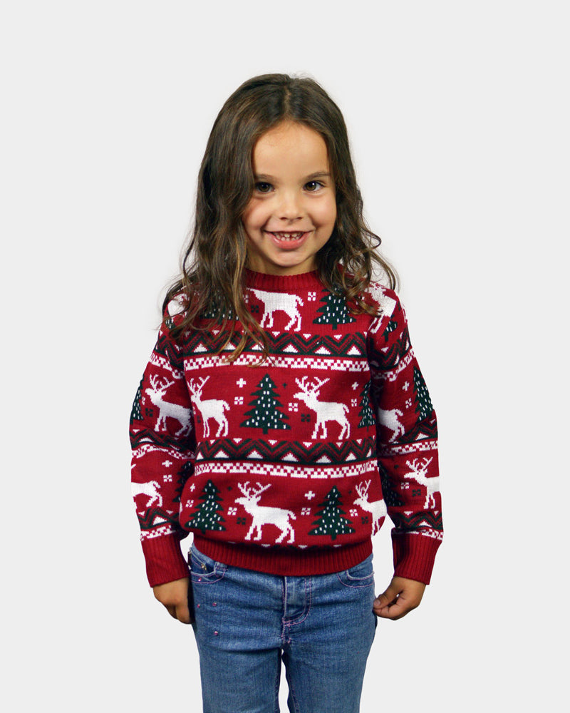 Red Boys and Girls Christmas Jumper with Reindeers and Christmas Trees Kids