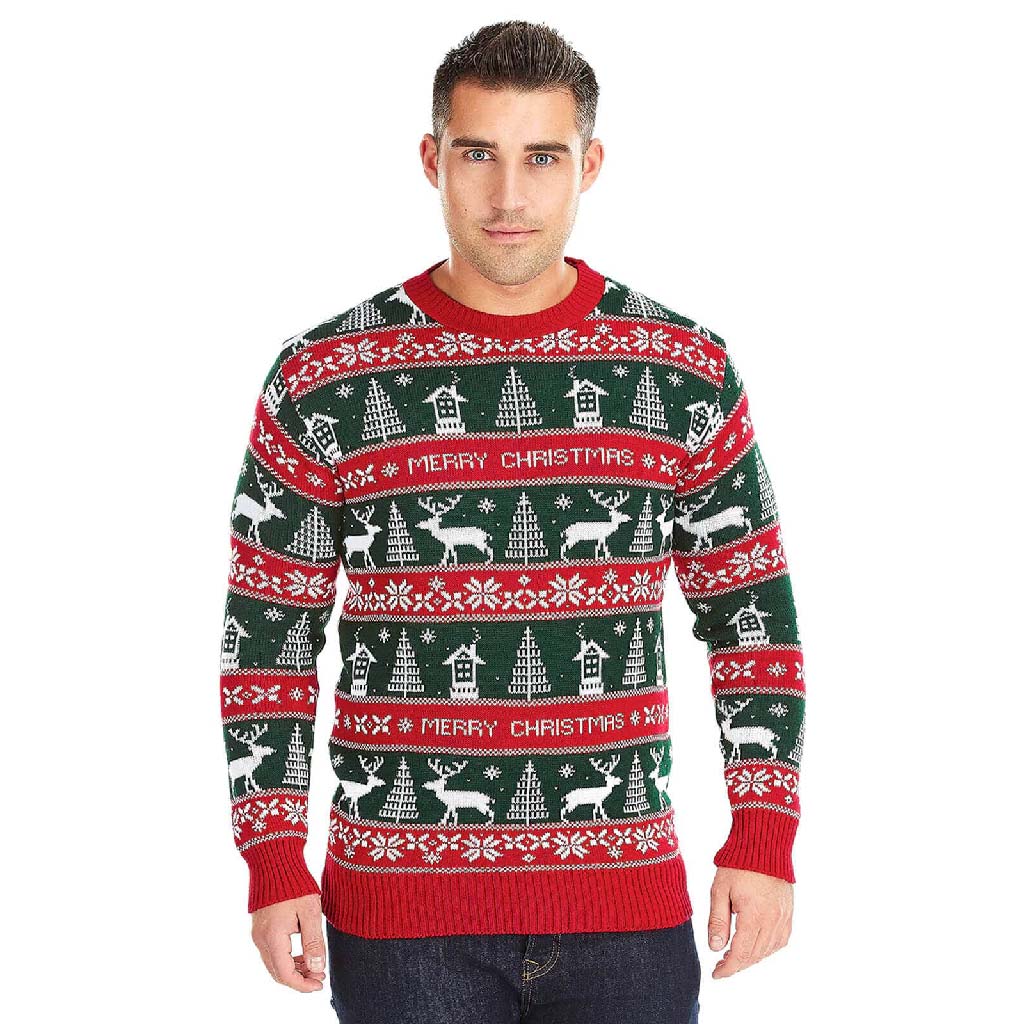 Mens Red and Green Strips Christmas Jumper