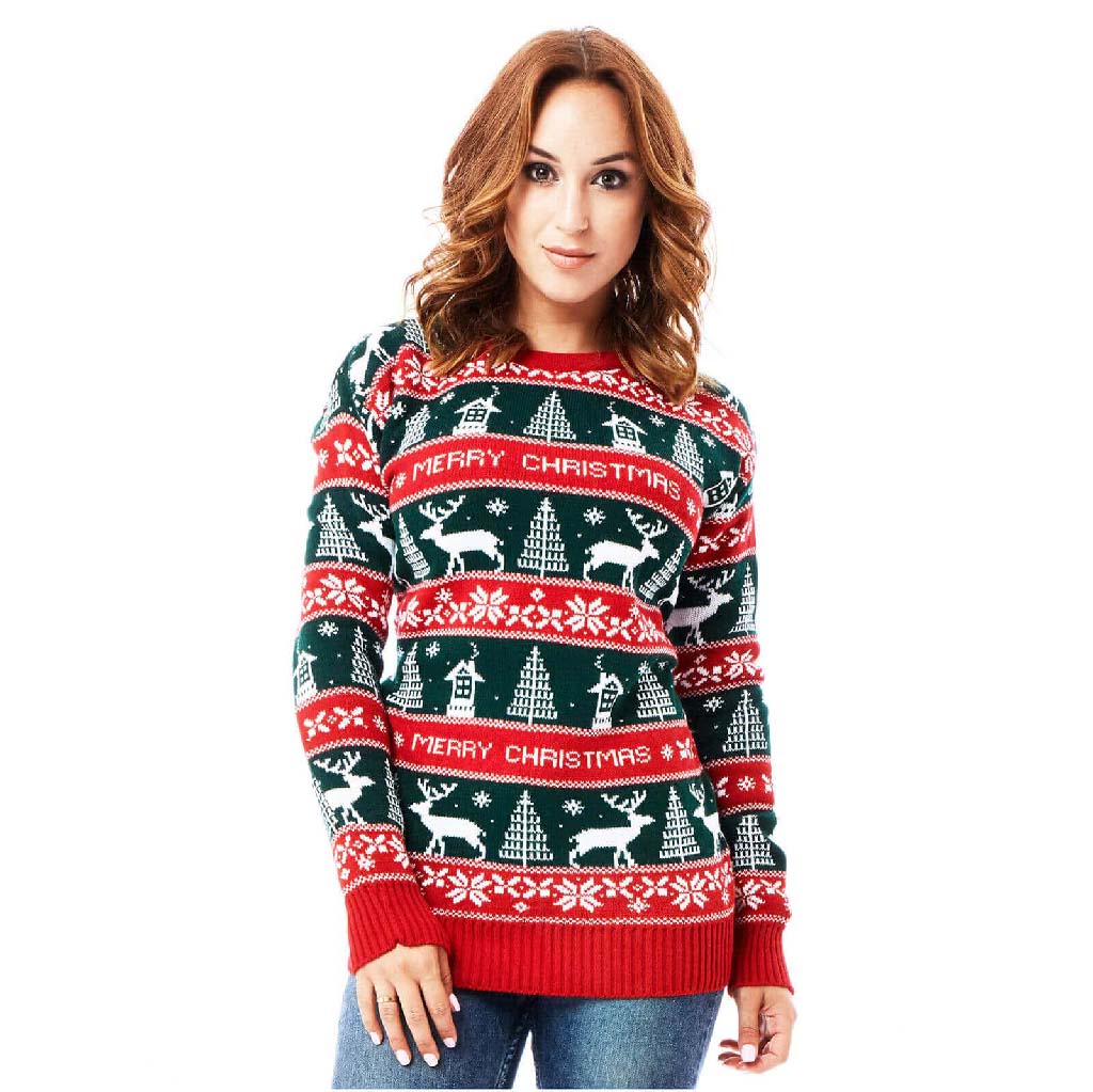 Womens Red and Green Strips Christmas Jumper