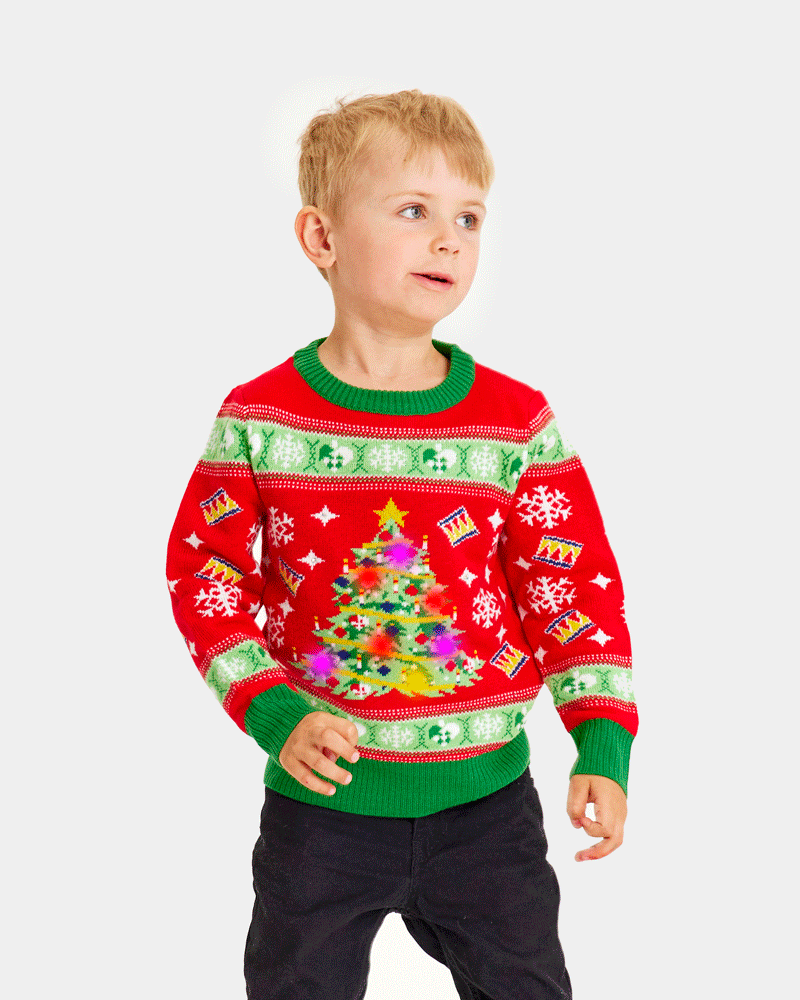 Red LED light-up Family Christmas Jumper with Christmas Tree Boys