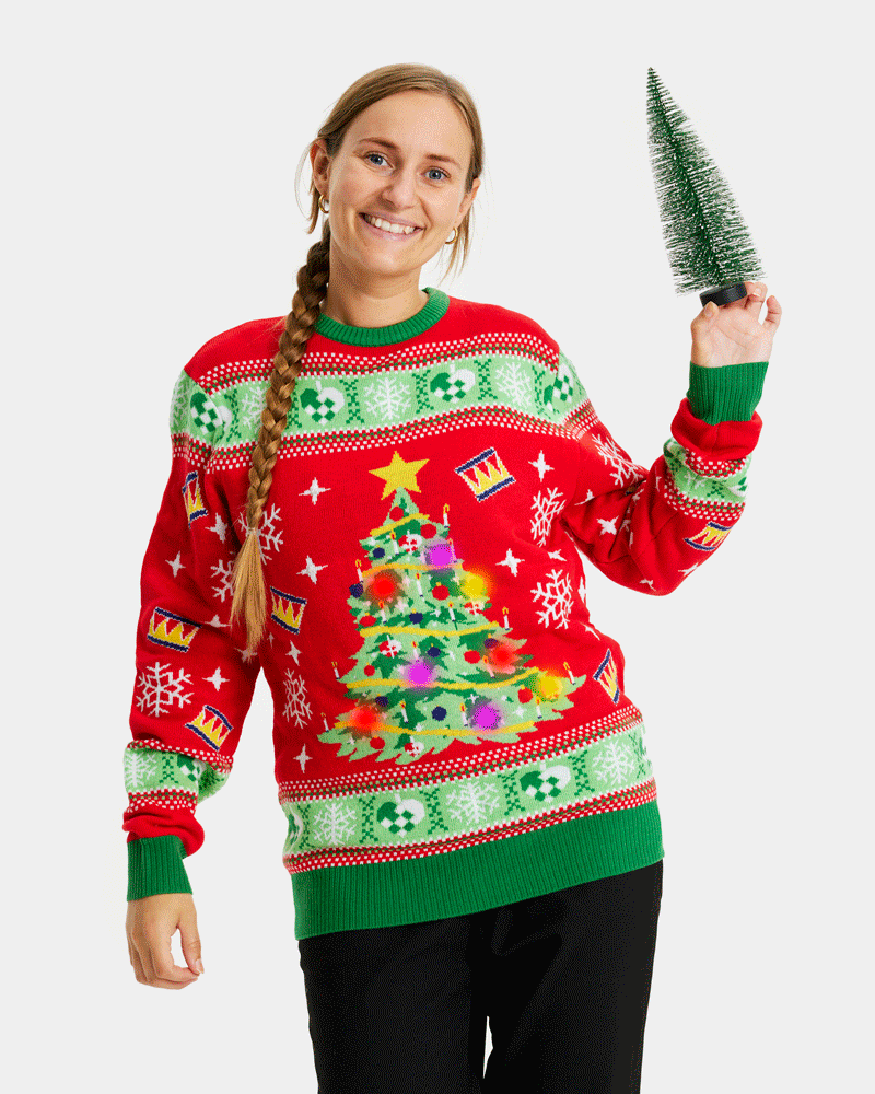 Red LED light-up Family Christmas Jumper with Christmas Tree Womens