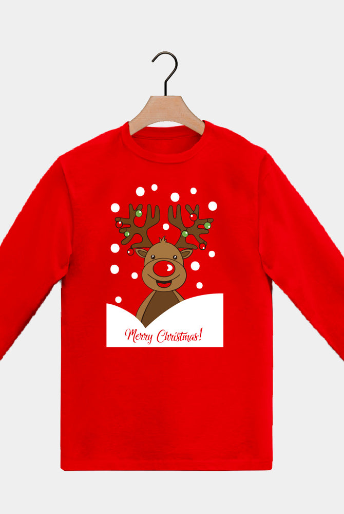 Red long sleeve Mens and Womens Christmas T-Shirt with Rudolph Reindeer