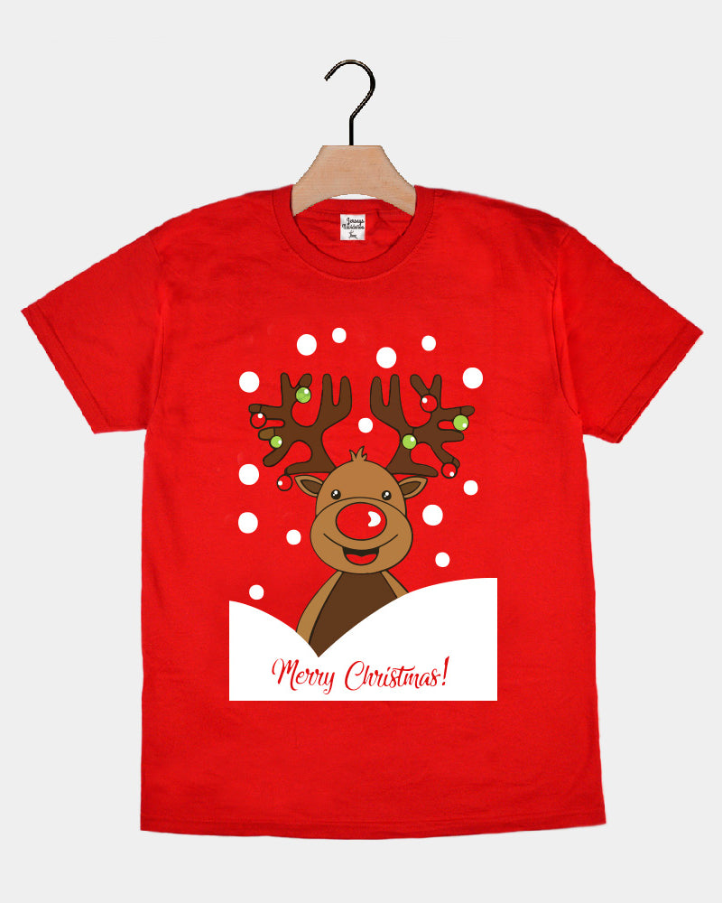 Red Mens and Womens Christmas T-Shirt with Rudolph Reindeer