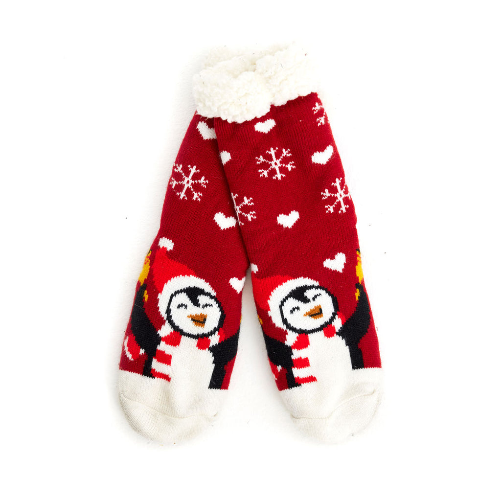 Red Rubber Sole Christmas Socks with Penguin