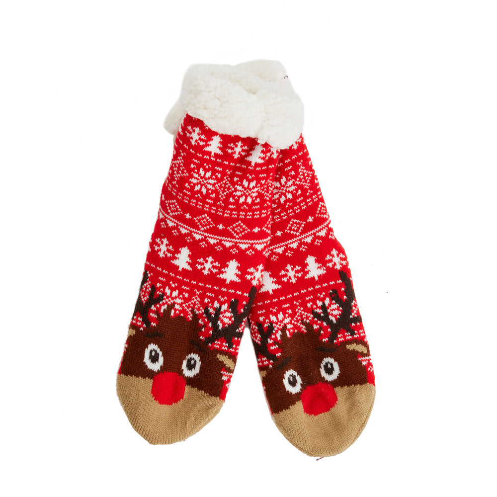 Red Rubber Sole Christmas Socks Trees and Reindeer
