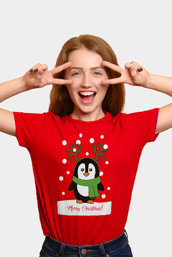 Red Womens Christmas T-Shirt with Penguin