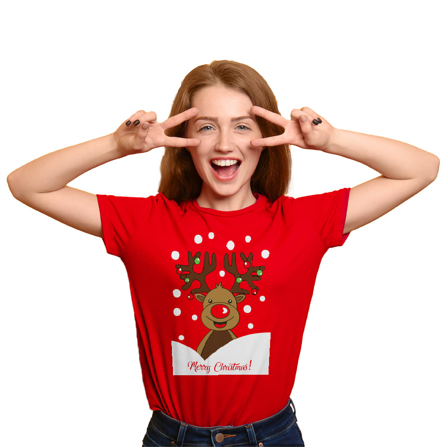 Red Womens Christmas T-Shirt with Rudolph Reindeer