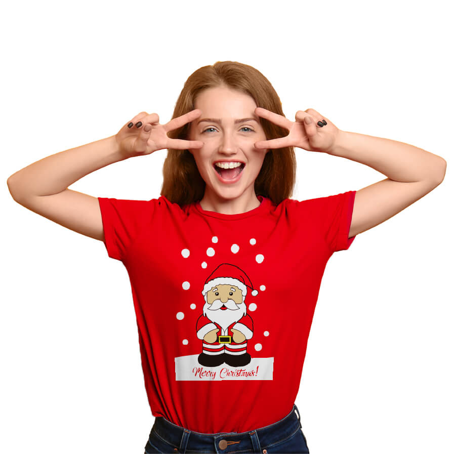 Red Womens Christmas T-Shirt with Santa Claus