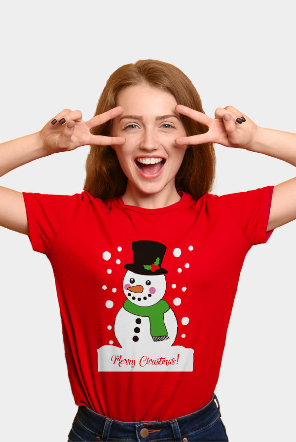 Red Womens Christmas T-Shirt with Snowman