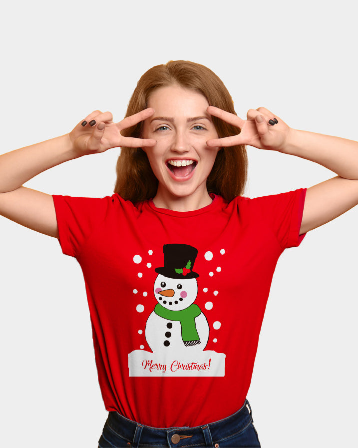Red Womens Christmas T-Shirt with Snowman