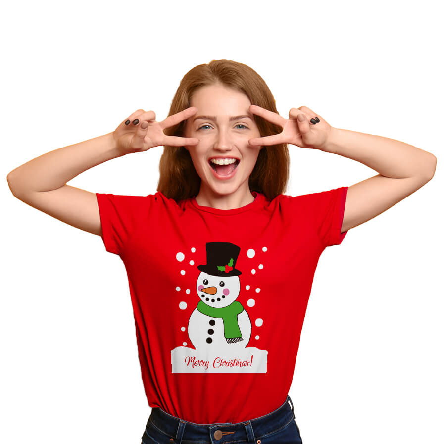 Red Womens Christmas T-Shirt with Snowman