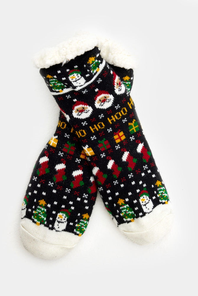 Rubber Sole Christmas Socks with Santa, Gifts and Snowmens