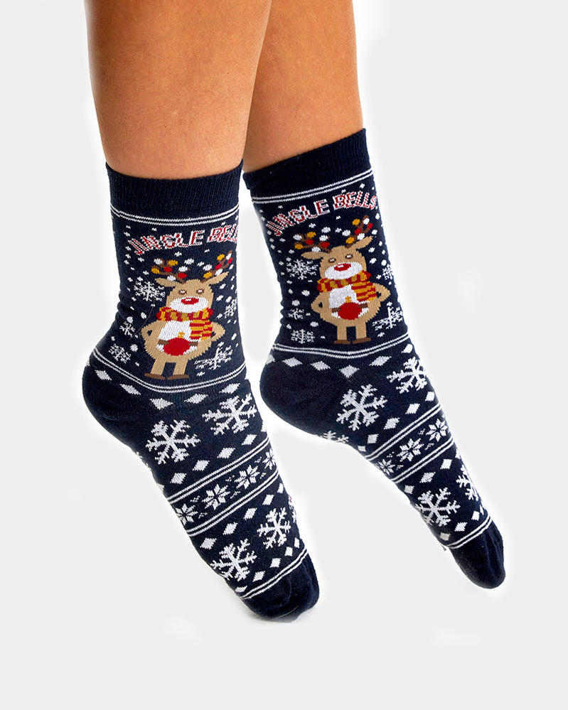 Unisex Christmas Socks with Rudolph and Snow Womens and Mens