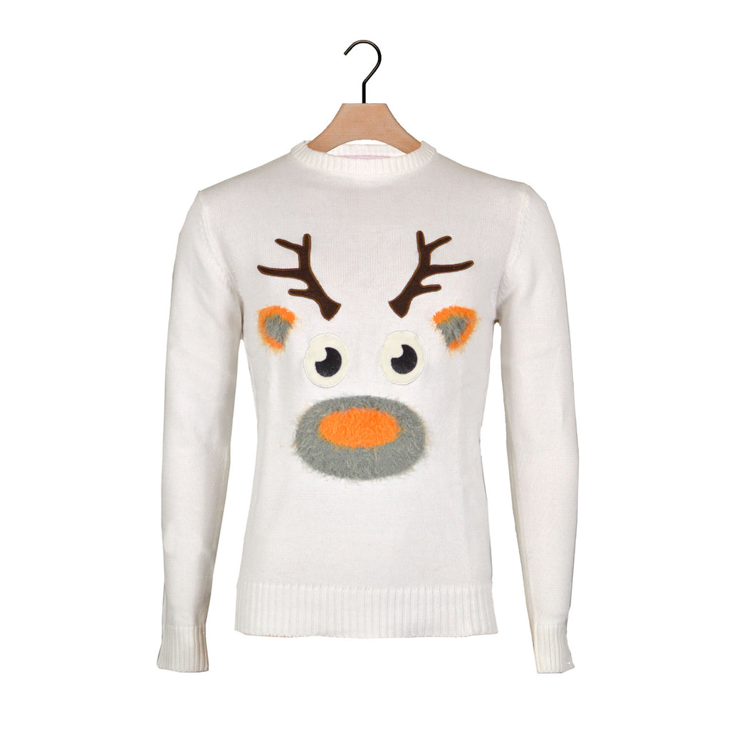 White 3D Boys and Girls Christmas Jumper with Hairy Reindeer