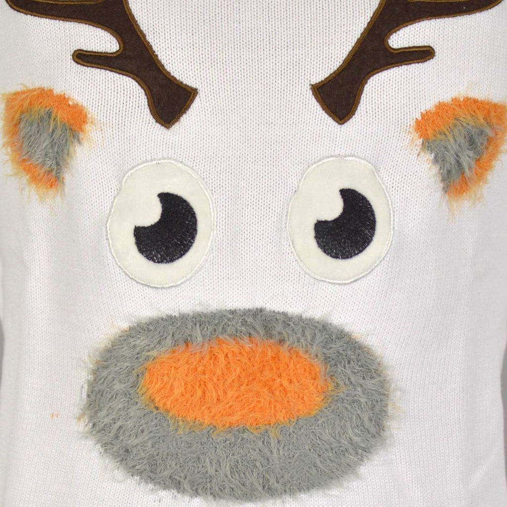 White 3D Christmas Jumper with Hairy Reindeer Detail Eyes
