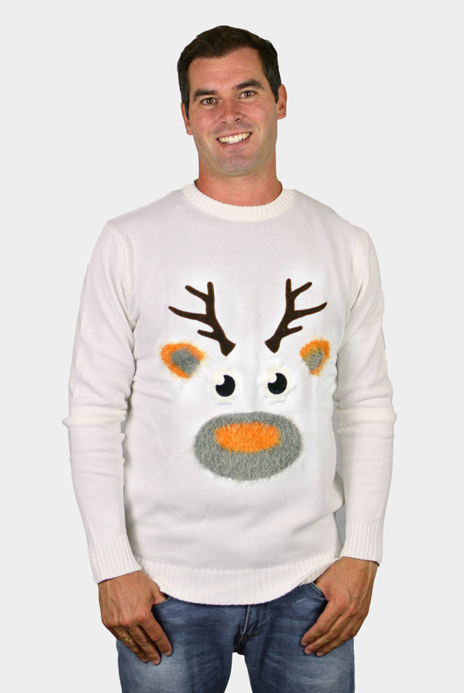 White 3D Christmas Jumper with Hairy Reindeer Mens
