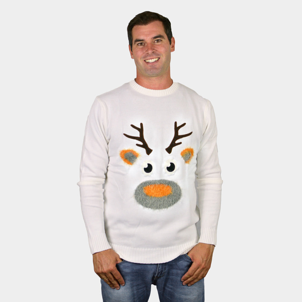 White 3D Christmas Jumper with Hairy Reindeer Mens