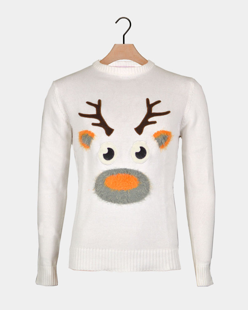 White 3D Family Christmas Jumper with Hairy Reindeer