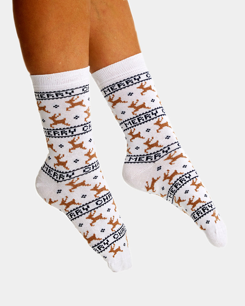 White Elegant Christmas Socks Unisex with Reindeers Womens and Mens