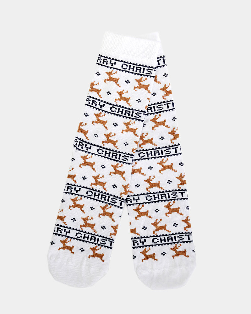 White Elegant Christmas Socks Unisex with Reindeers